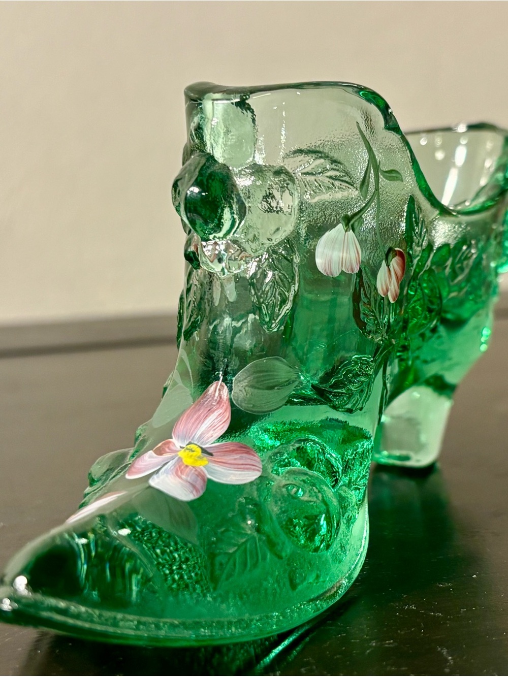 Fenton Handpainted Green Glass Cabbage Rose Slipper Signed